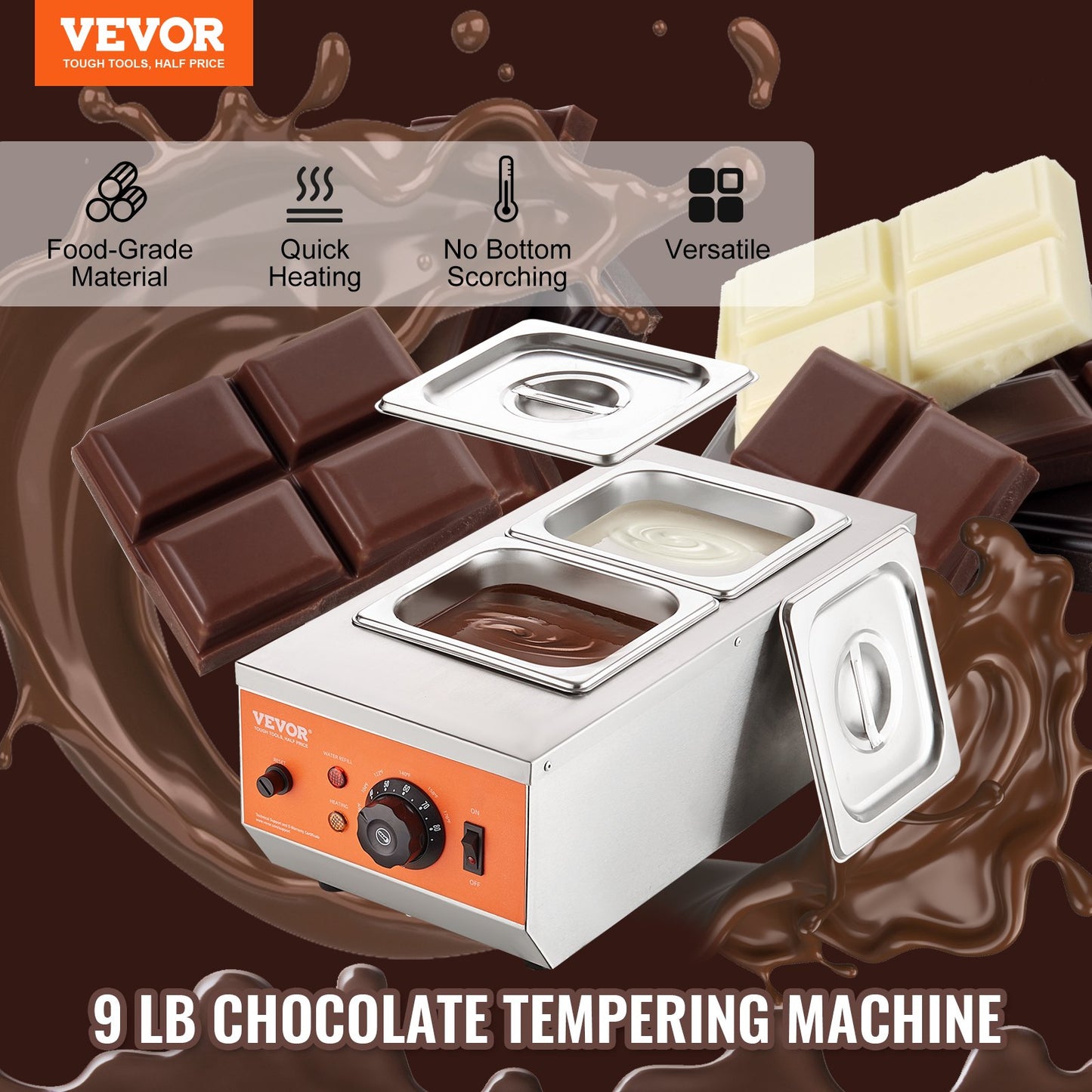 Chocolate Tempering Machine, 9 Lbs 2 Tanks Chocolate Melting Pot with TEMP Control 86~185℉, 800W Stainless Steel Electric Commercial Food Warmer For Chocolate/Milk/Cream Melting and Heating