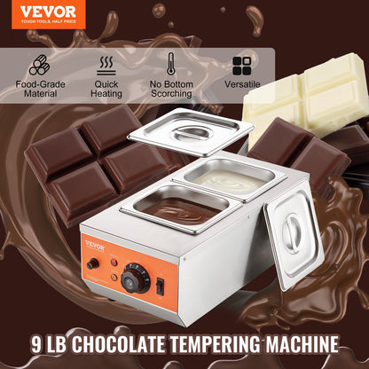 Chocolate Tempering Machine, 9 Lbs 2 Tanks Chocolate Melting Pot with TEMP Control 86~185℉, 800W Stainless Steel Electric Commercial Food Warmer For Chocolate/Milk/Cream Melting and Heating