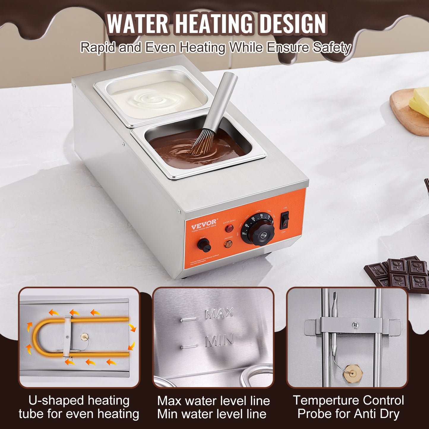 Chocolate Tempering Machine, 9 Lbs 2 Tanks Chocolate Melting Pot with TEMP Control 86~185℉, 800W Stainless Steel Electric Commercial Food Warmer For Chocolate/Milk/Cream Melting and Heating
