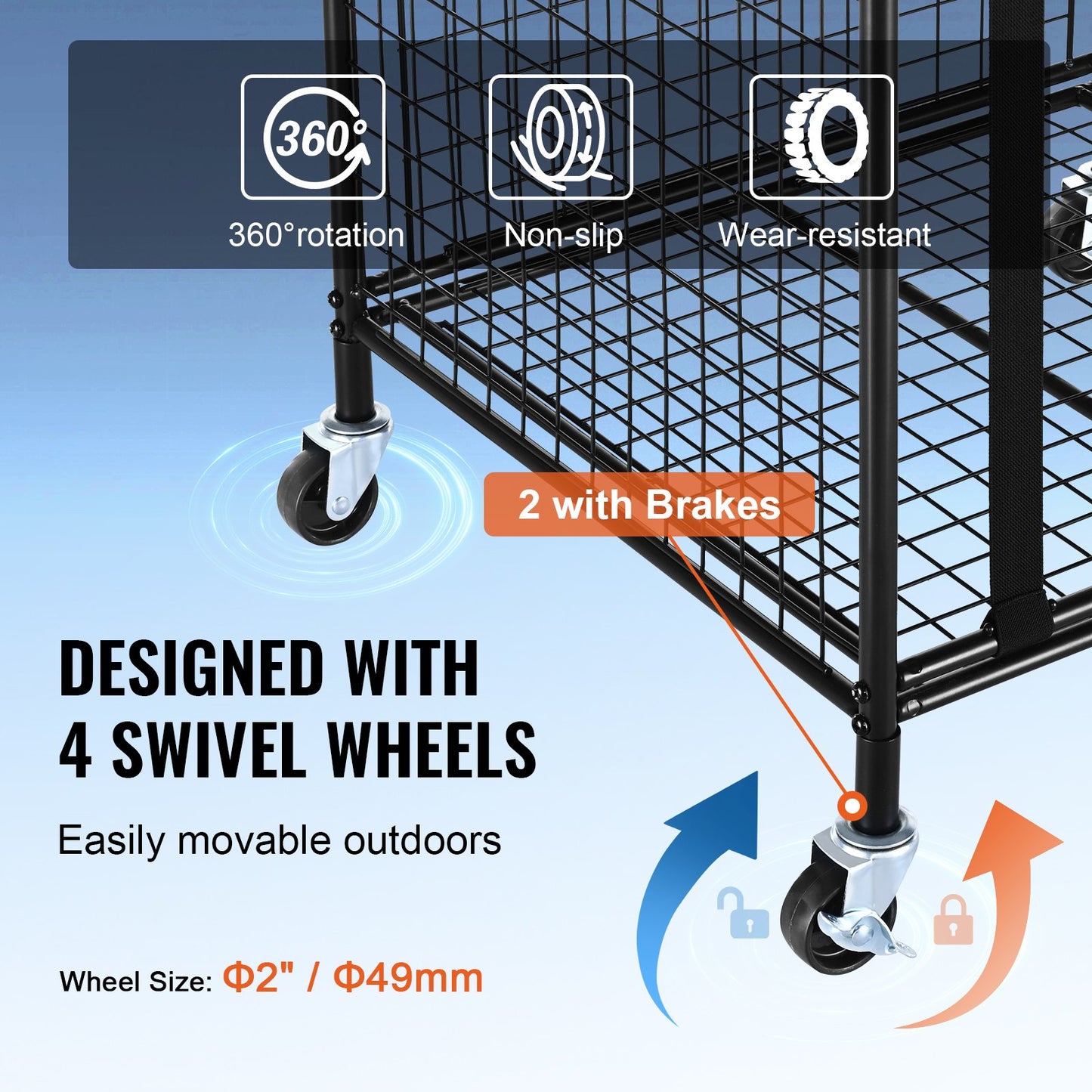 Rolling Sports Ball Storage Cart, Lockable Basketball Cage with Elastic Straps, Sport Equipment Holder Organizer for Indoor Outdoor, Steel Storage Rack for Garages, Playgroup, Gym and Schools