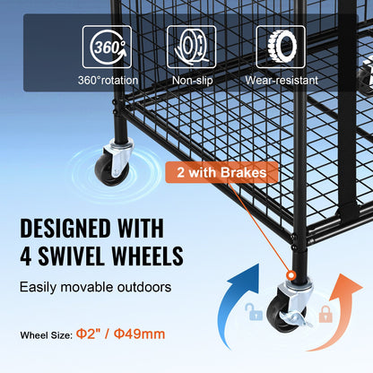 Rolling Sports Ball Storage Cart, Lockable Basketball Cage with Elastic Straps, Sport Equipment Holder Organizer for Indoor Outdoor, Steel Storage Rack for Garages, Playgroup, Gym and Schools