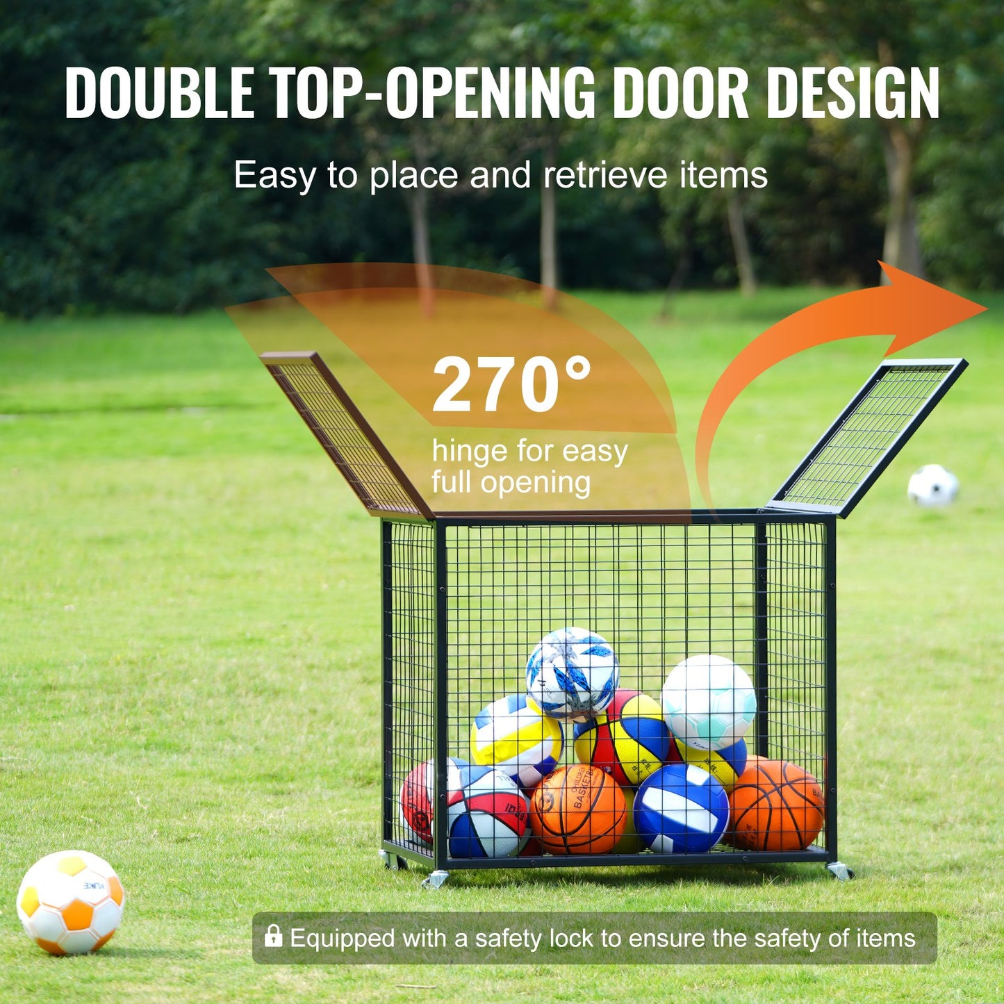 Rolling Sports Ball Storage Cart, Lockable Basketball Cage with Double Lid, Sports Equipment Holder for Indoor Outdoor, Steel Storage Rack for Garage, Playgroup, Gym and Schools