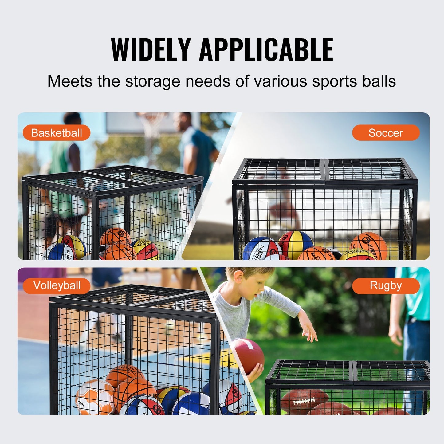 Rolling Sports Ball Storage Cart, Lockable Basketball Cage with Double Lid, Sports Equipment Holder for Indoor Outdoor, Steel Storage Rack for Garage, Playgroup, Gym and Schools