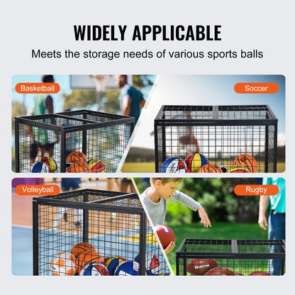 Rolling Sports Ball Storage Cart, Lockable Basketball Cage with Double Lid, Sports Equipment Holder for Indoor Outdoor, Steel Storage Rack for Garage, Playgroup, Gym and Schools