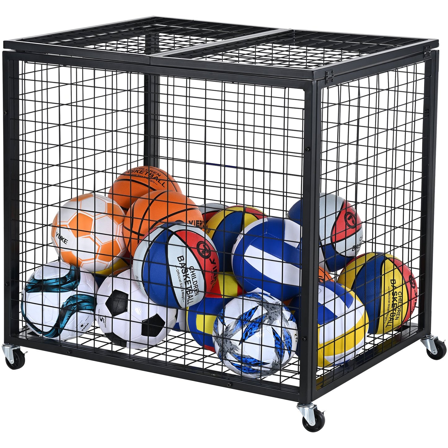 Rolling Sports Ball Storage Cart, Lockable Basketball Cage with Double Lid, Sports Equipment Holder for Indoor Outdoor, Steel Storage Rack for Garage, Playgroup, Gym and Schools