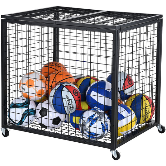 Rolling Sports Ball Storage Cart, Lockable Basketball Cage with Double Lid, Sports Equipment Holder for Indoor Outdoor, Steel Storage Rack for Garage, Playgroup, Gym and Schools
