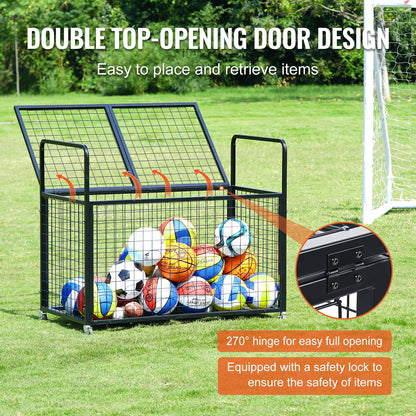 Rolling Sports Ball Storage Cart, Lockable Basketball Cage with Double Lids, Sport Equipment Holder Organizer for Indoor Outdoor, Steel Storage Rack for Garages, Playgroup, Gym and Schools