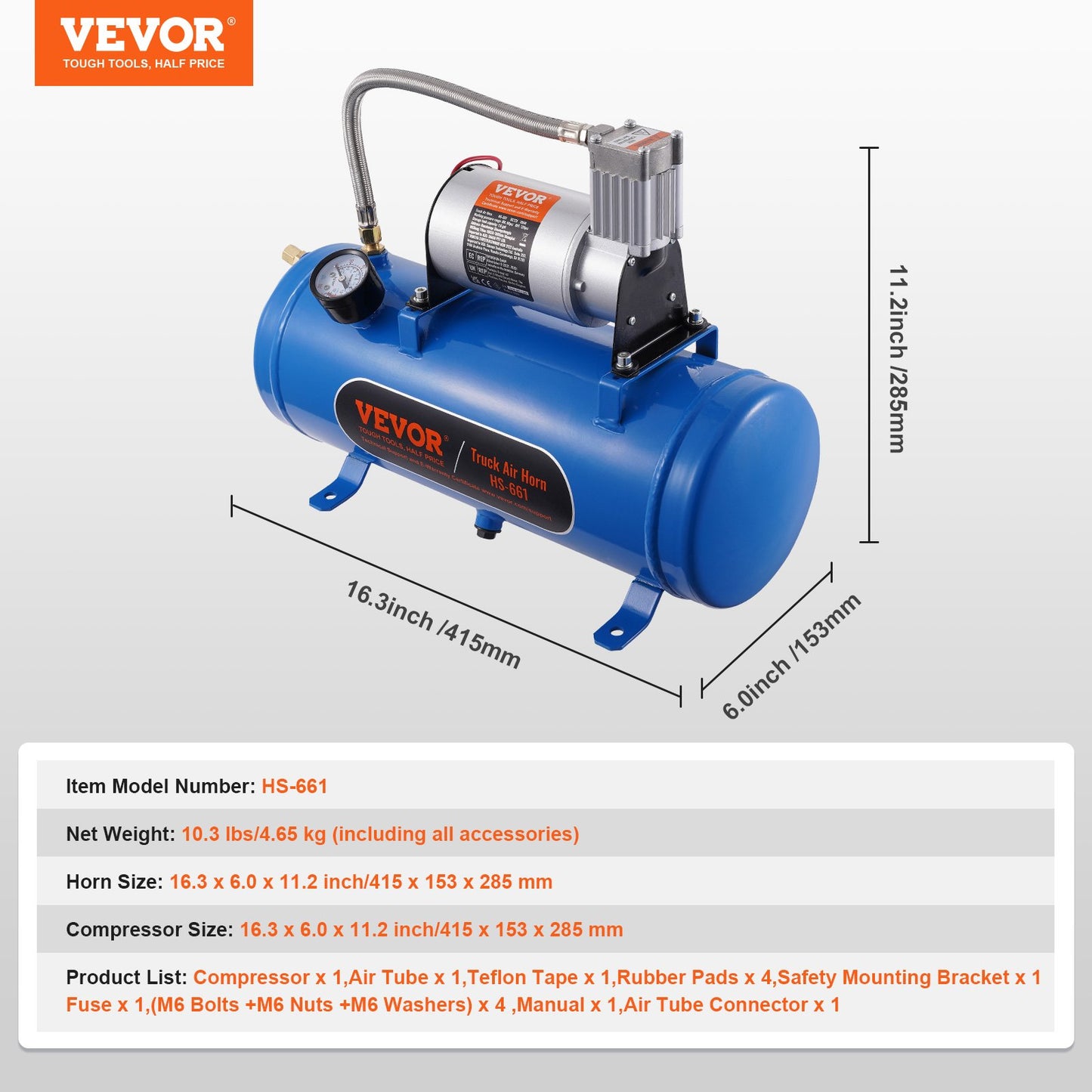 12V Air Compressor with Tank 1.6 Gallon/6 L, Train Horn Air Compressor, 120 psi Working Pressure Onboard Air Compressor System for Train Air Horns, Inflating Tires, Air Mattresses