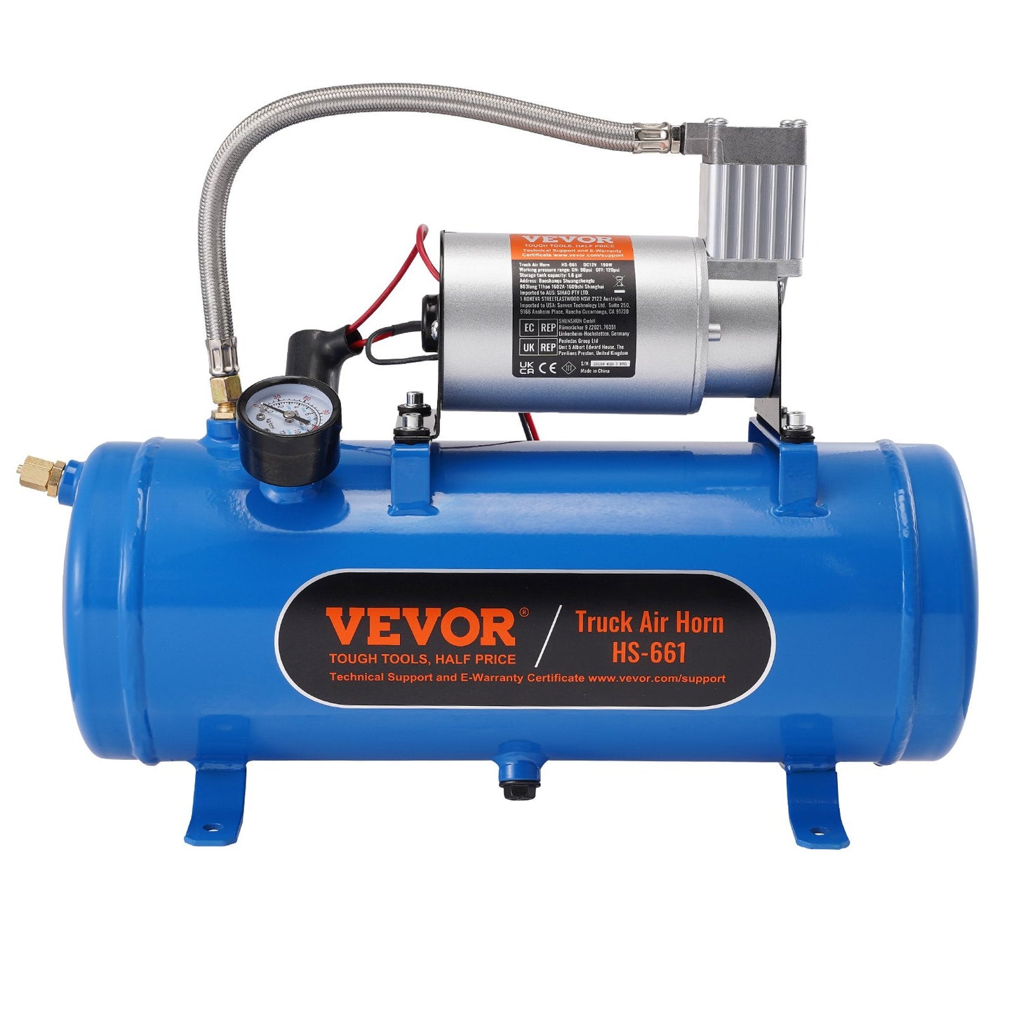 12V luftkompressor med tank 1,6 gallon/6 l, tåghornsluftkompressor, 120 psi arbetstryck ombord luftkompressorsystem för tåglufthorn, pumpning av däck, luftmadrasser