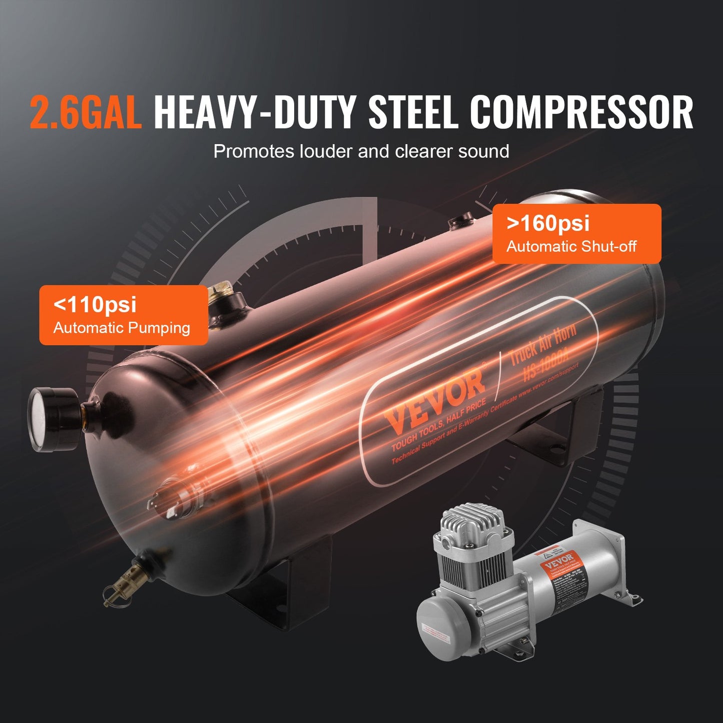 Zughupen-Kit, 4 Trompeten, Drucklufthupen-Kit, 160 psi, Luftkompressor, 2,6-Gallonen-Tank