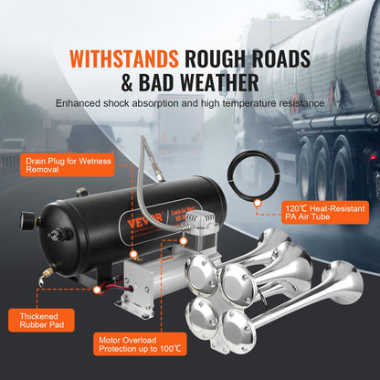 Zughupen-Kit, 4 Trompeten, Drucklufthupen-Kit, 160 psi, Luftkompressor, 2,6-Gallonen-Tank