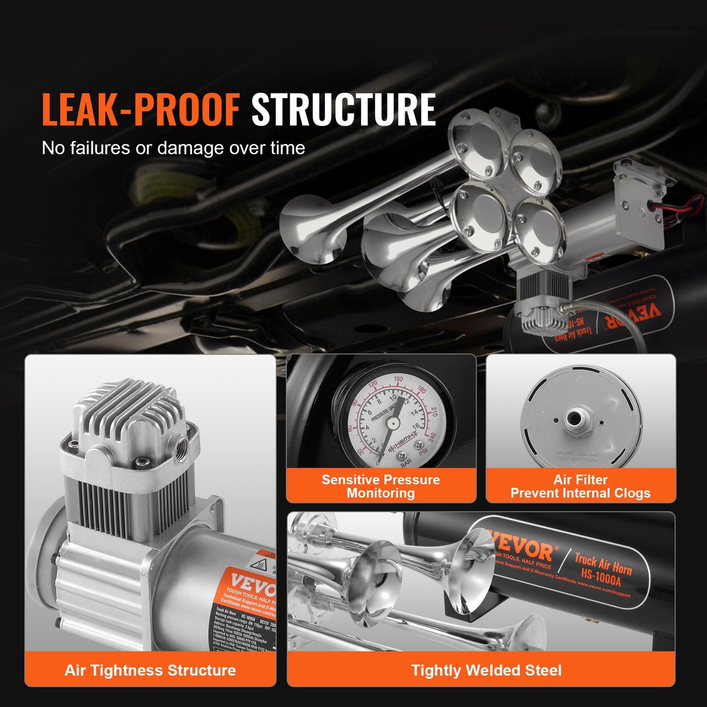 Zughupen-Kit, 4 Trompeten, Drucklufthupen-Kit, 160 psi, Luftkompressor, 2,6-Gallonen-Tank