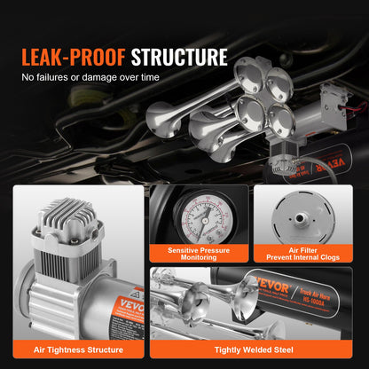 Zughupen-Kit, 4 Trompeten, Drucklufthupen-Kit, 160 psi, Luftkompressor, 2,6-Gallonen-Tank