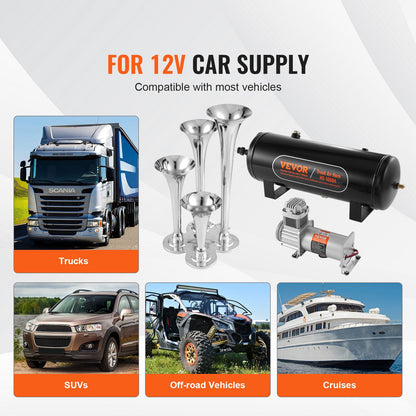 Zughupen-Kit, 4 Trompeten, Drucklufthupen-Kit, 160 psi, Luftkompressor, 2,6-Gallonen-Tank