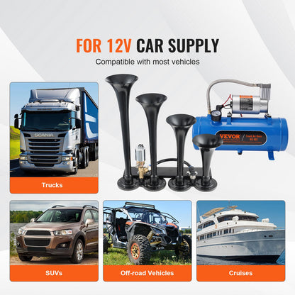 Tåghornssats, 4 trumpeter lufthornssats, 150dB tåghorn för pickuptruckar, 12V 120 psi luftkompressor 1,6 Gal/6 L tank med mätare för valfri 12V fordonsbil Lastbilståg Skåpbilsbåt