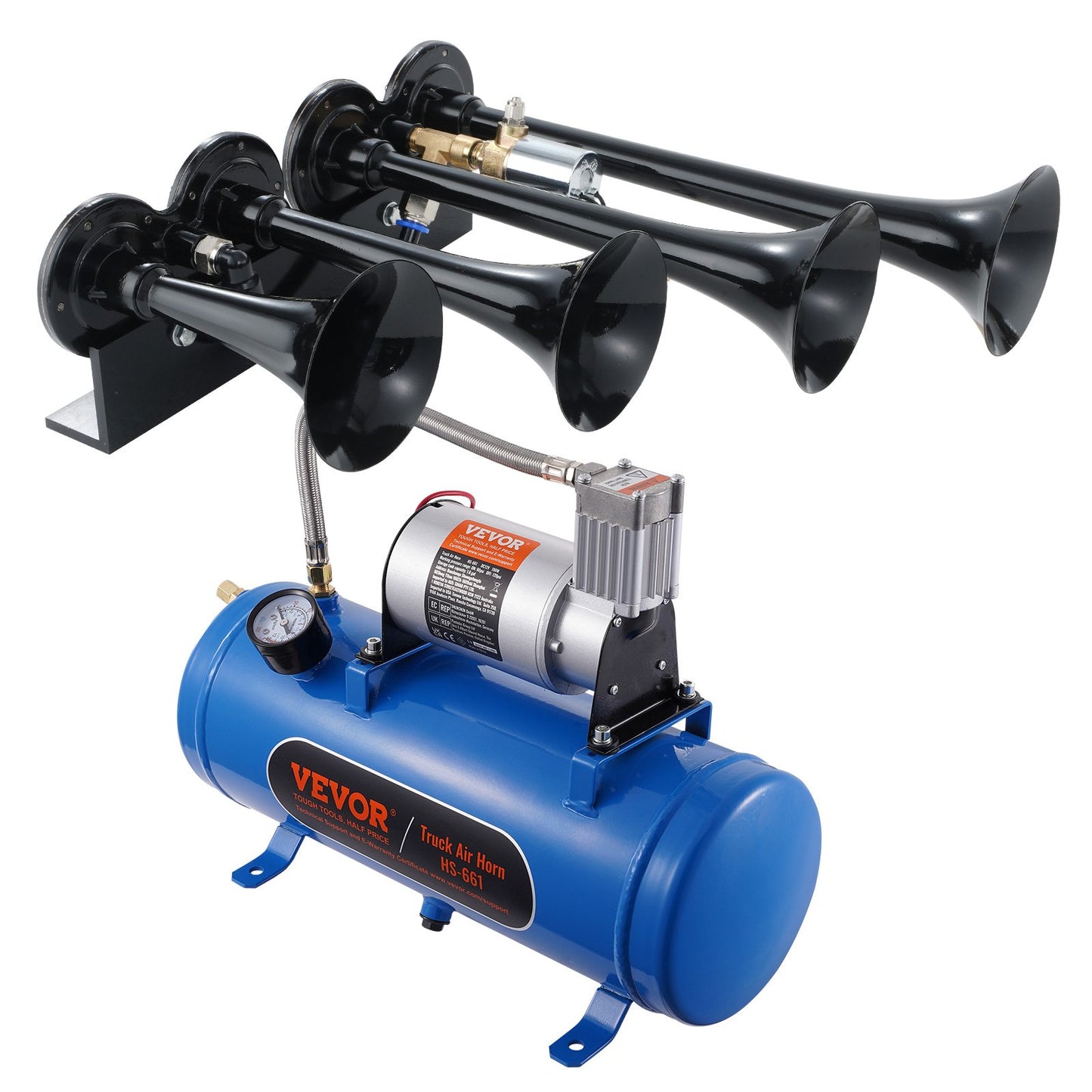 Tåghornssats, 4 trumpeter lufthornssats, 150dB tåghorn för pickuptruckar, 12V 120 psi luftkompressor 1,6 Gal/6 L tank med mätare för valfri 12V fordonsbil Lastbilståg Skåpbilsbåt