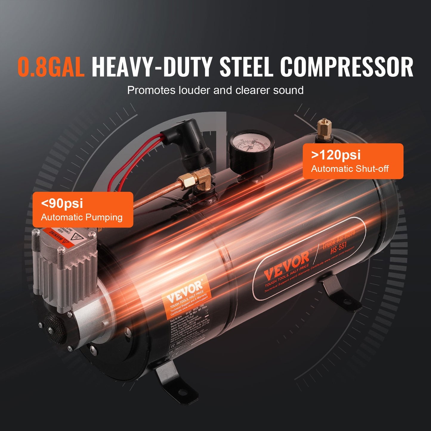 Train Horns Kit 4 Trumpet Air Horn Kit 120 psi Air Compressor 0.8 Gal Tank