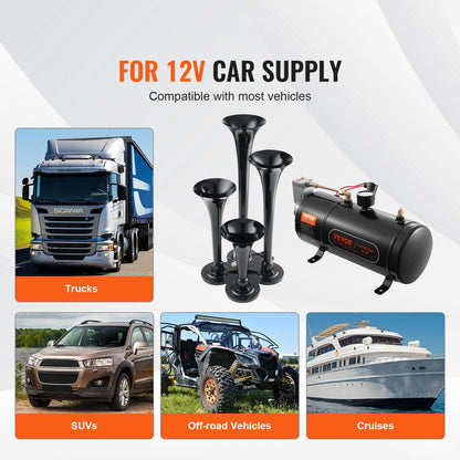 Train Horns Kit 4 Trumpet Air Horn Kit 120 psi Air Compressor 0.8 Gal Tank