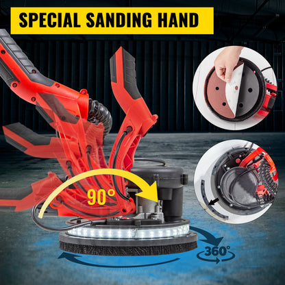 Drywall Sander 850W, Electric Drywall Sander, Variable Speed 800-1750 RPM, Foldable Sheetrock Sander, with Telescope Handle, Electric Sander, with LED Strip Light and Vacuum Bag, Wall Sander