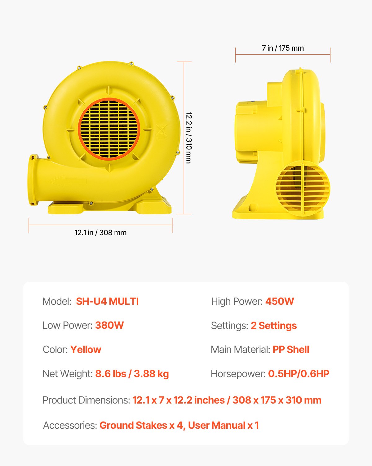 Inflatable Blower, 380W&450W, 0.5 & 0.6 HP Bounce House Blower, Pump Commercial Air Blower for Inflatables, Bouncy Castle Electric Air Blower Fan Perfect for Bounce House, Waterslides, Yellow