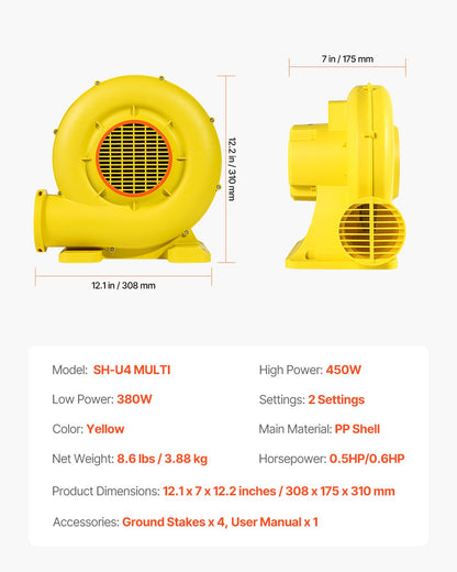 Inflatable Blower, 380W&450W, 0.5 & 0.6 HP Bounce House Blower, Pump Commercial Air Blower for Inflatables, Bouncy Castle Electric Air Blower Fan Perfect for Bounce House, Waterslides, Yellow