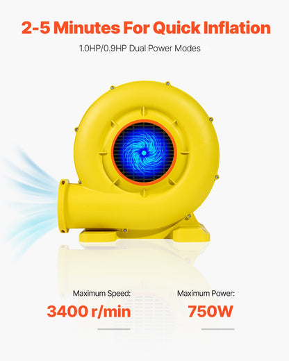 Inflatable Blower, 680&750W, 1.0HP Bounce House Blower, Pump Commercial Air Blower for Inflatables, 3400RPM Bouncy Castle Electric Air Blower Fan Perfect for Bounce House, Waterslides, Yellow