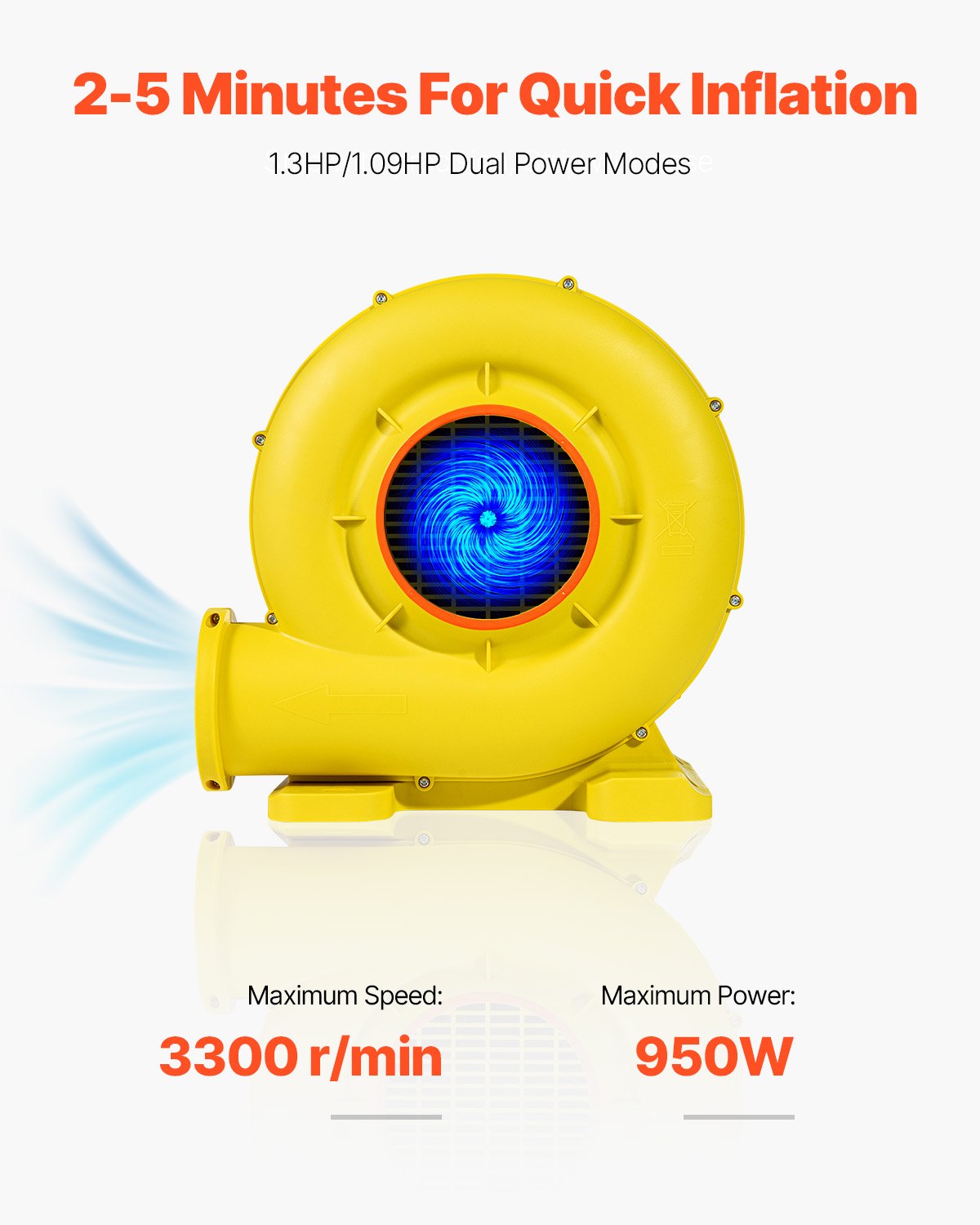 Inflatable Blower, 750W&950W, 1.3 HP Bounce House Blower, Pump Commercial Air Blower for Inflatables, 3300RPM Bouncy Castle Electric Air Blower Fan Perfect for Bounce House, Waterslides, Yellow