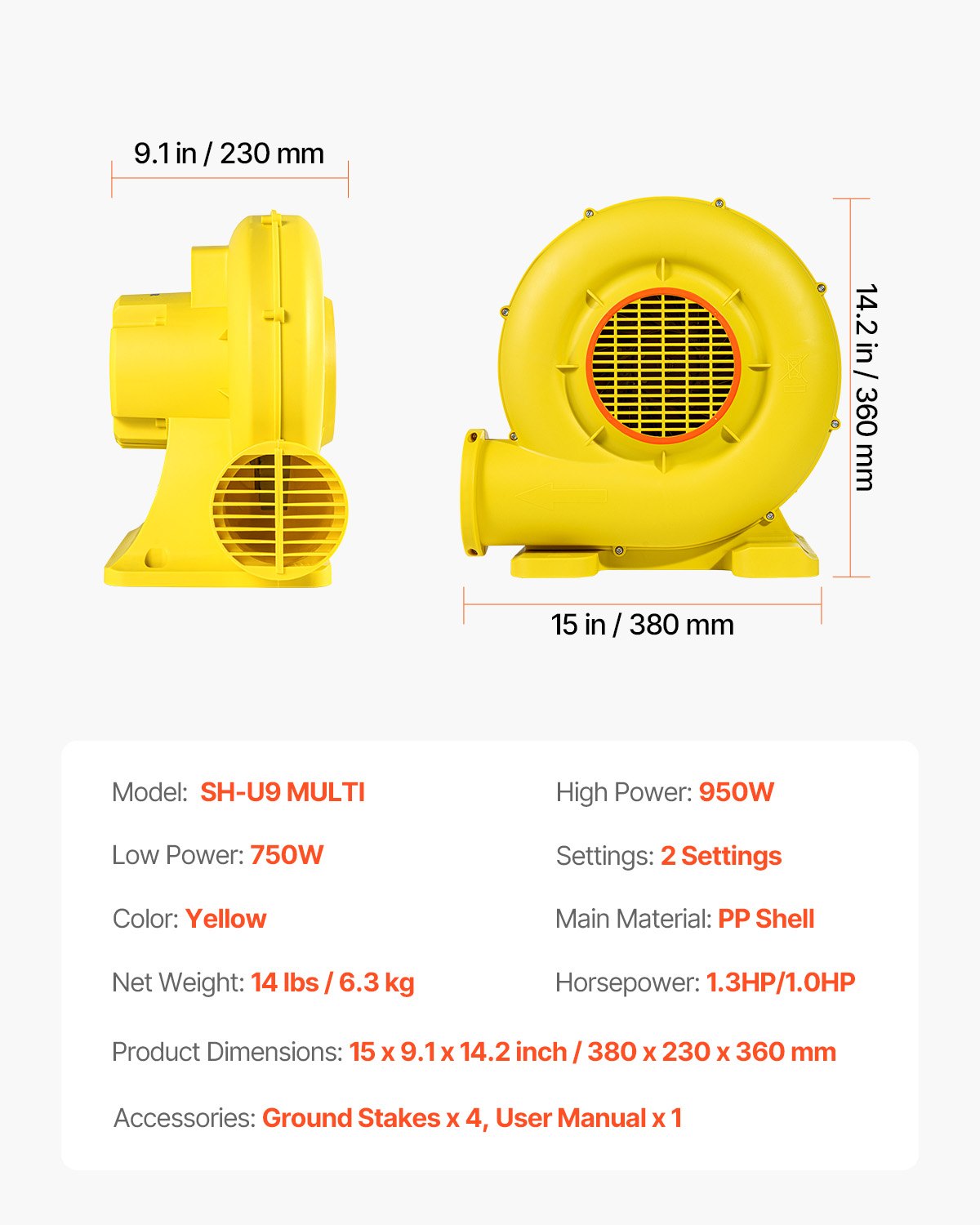 Inflatable Blower, 750W&950W, 1.3 HP Bounce House Blower, Pump Commercial Air Blower for Inflatables, 3300RPM Bouncy Castle Electric Air Blower Fan Perfect for Bounce House, Waterslides, Yellow