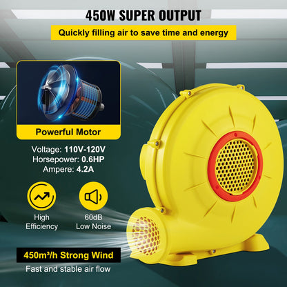 Air Blower, 450W 0.6HP Inflatable Blower, Portable and Powerful Bounce House Blower, 1750Pa Commercial Air Blower Pump Fan, Used for Inflatable Bouncy Castle and Jump Tested to UL Standards