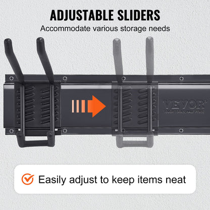 Garage Tool Organizer, 800 lbs Max lastkapacitet, Väggmonterad Yard Trädgårdsförvaringsställ Organisation Heavy Duty med 6 justerbara krokar och 3 skenor, för trädgårdsredskap, spadar, trimmers och slangar