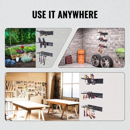 Garage Tool Organizer, 800 lbs Max lastkapacitet, Väggmonterad Yard Trädgårdsförvaringsställ Organisation Heavy Duty med 6 justerbara krokar och 3 skenor, för trädgårdsredskap, spadar, trimmers och slangar