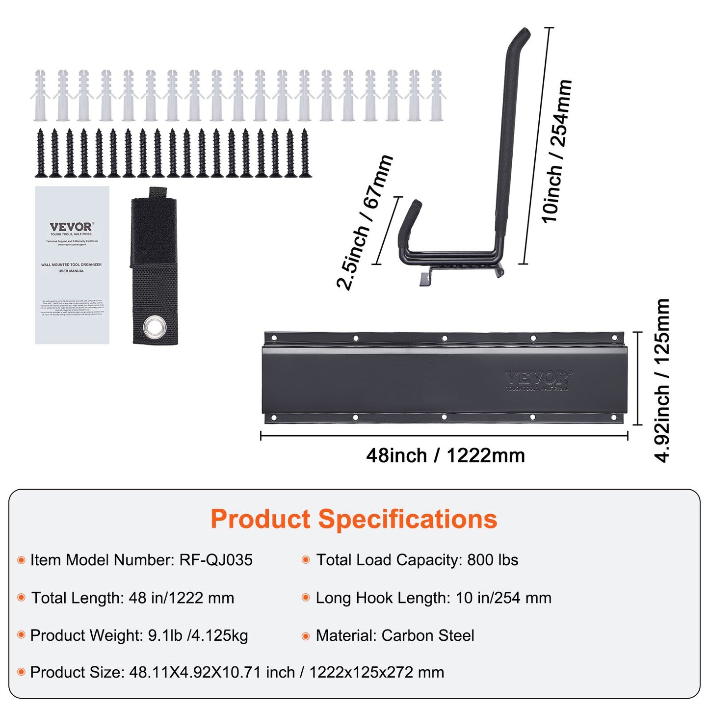 Garage Tool Organizer, 800 lbs Max lastkapacitet, Väggmonterad Yard Trädgårdsförvaringsställ Organisation Heavy Duty med 6 justerbara krokar och 3 skenor, för trädgårdsredskap, spadar, trimmers och slangar