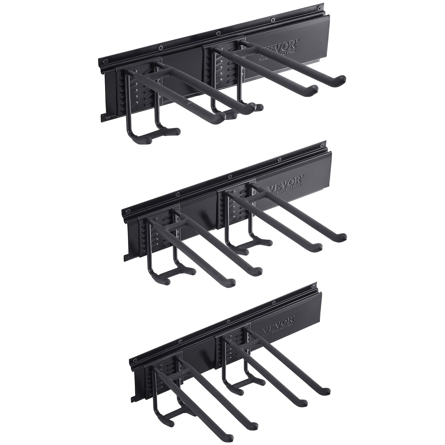 Garage Tool Organizer, 800 lbs Max lastkapacitet, Väggmonterad Yard Trädgårdsförvaringsställ Organisation Heavy Duty med 6 justerbara krokar och 3 skenor, för trädgårdsredskap, spadar, trimmers och slangar