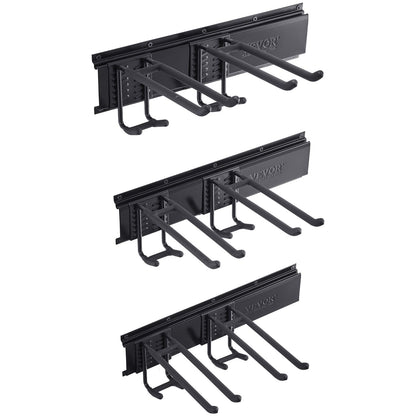 Garage Tool Organizer, 800 lbs Max lastkapacitet, Väggmonterad Yard Trädgårdsförvaringsställ Organisation Heavy Duty med 6 justerbara krokar och 3 skenor, för trädgårdsredskap, spadar, trimmers och slangar