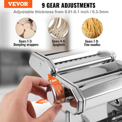 Pasta Maker Machine, 9 Adjustable Thickness Settings Noodle Maker, Stainless Steel Noodle Rollers and Cutter, Manual Hand Press, Pasta Making Kitchen Tool Kit, Perfect for Spaghetti Lasagna