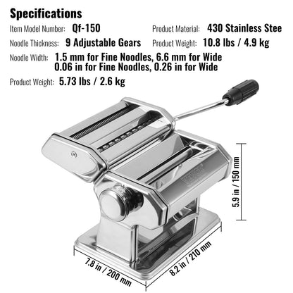 Pasta Maker Machine, 9 Adjustable Thickness Settings Noodle Maker, Stainless Steel Noodle Rollers and Cutter, Manual Hand Press, Pasta Making Kitchen Tool Kit, Perfect for Spaghetti Lasagna