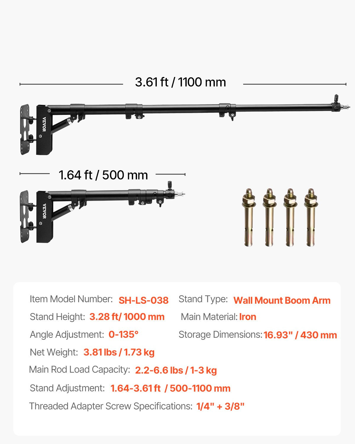 Wandmontage Dreieck Auslegerarm Lichtstativ 39.37in/100cm Ringlichtstütze