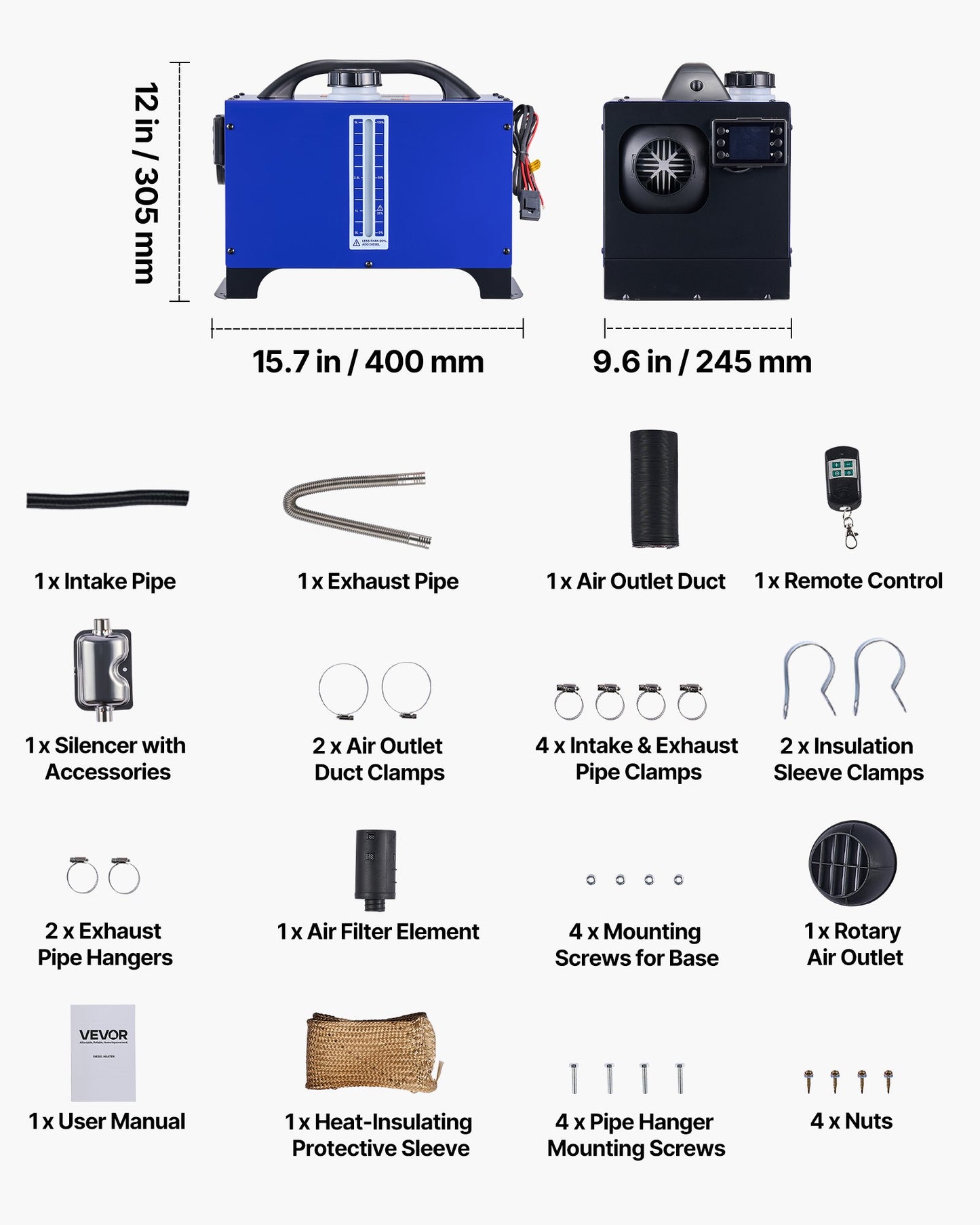 Diesel Heater, 8KW, DC 12V/24V, All in One Portable Diesel Air Heater with Remote Control and LCD Display, Fast Heating Low Noise, 1.3 Gal Fuel Tank for Vehicles, RVs, Vans, Tractors and Trucks