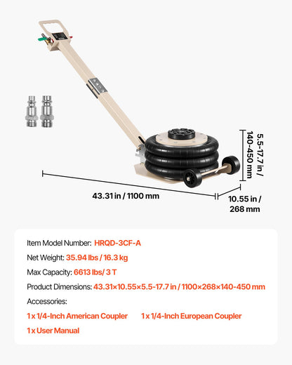 Air Jack, 3 Ton/6613 lbs Triple Bag Air Jack, Airbag with Six Steel Pipes, Lift Up to 17.7 inch/450 mm, 1-6 s Fast Lifting Pneumatic with Adjustable Long Handle for Car, SUV, Pickup Truck Repair