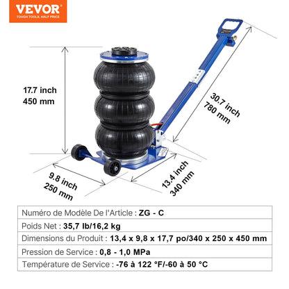 Air Jack, 3 Ton/6600 lbs Triple Bag Air Jack, Airbag Jack with Six Steel Pipes, Lift up to 17.7", 3-5 s Fast Lifting Pneumatic Jack, with Adjustable Long Handles for Cars, Garages, Repair (Blue)