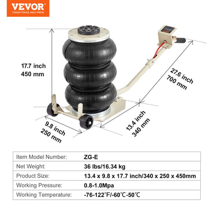Air Jack, 3T / 6600 lbs Triple Bag Air Jack, Airbag Jack with Six Steel Pipes, Lift up to 17.7 inch/450 mm, 3-5 s Fast Lifting Pneumatic Jack, with Long Handles for Car, Garage, Repair