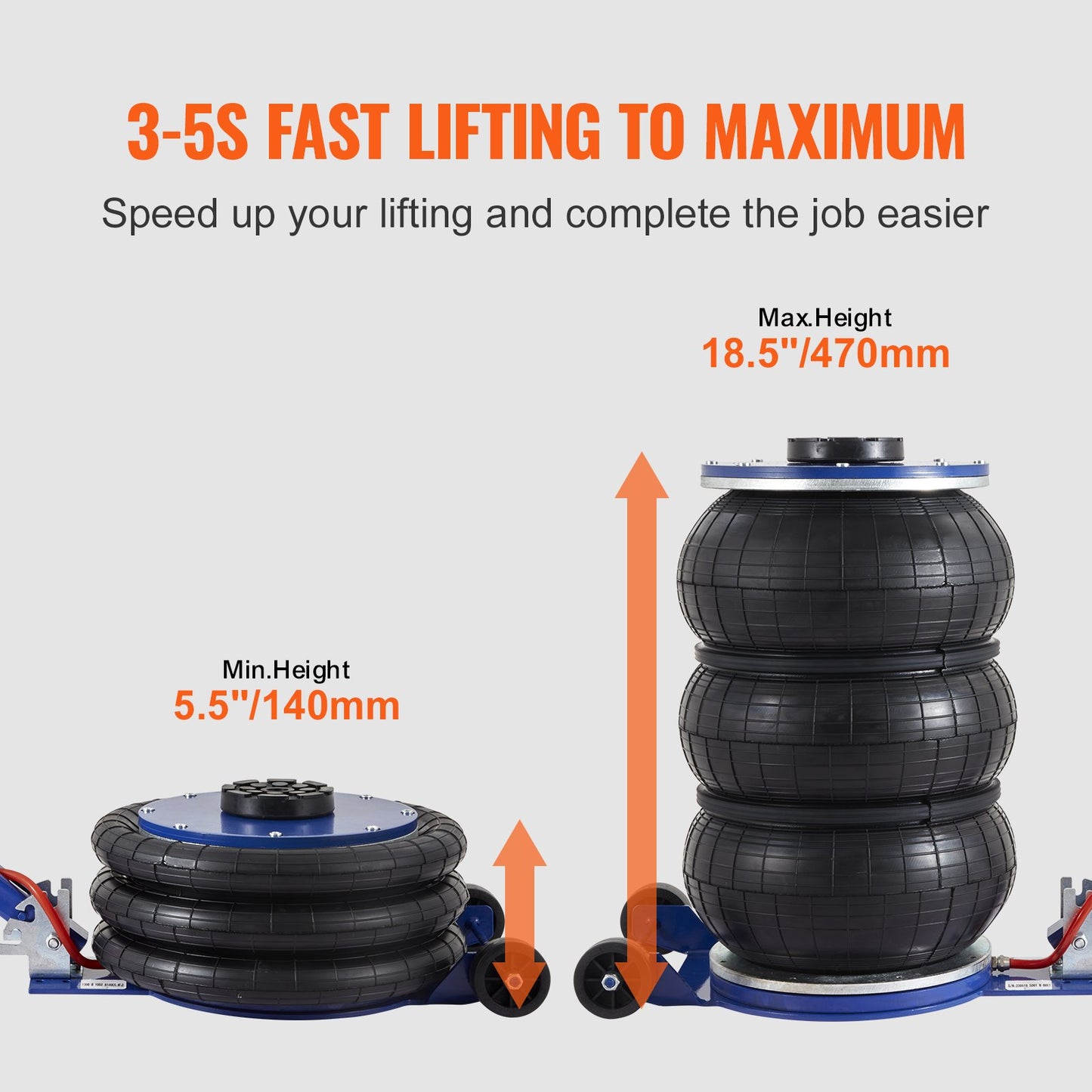 Air Jack, 5 Ton/11000 lbs Triple Bag Air Jack, Airbag Jack with Six Steel Tubes, Lifts Up to 18.5 Inch/470 mm, 3-5 s Quick Lifting Pneumatic Jack, with Adjustable Handle for Car, Garage, Repair