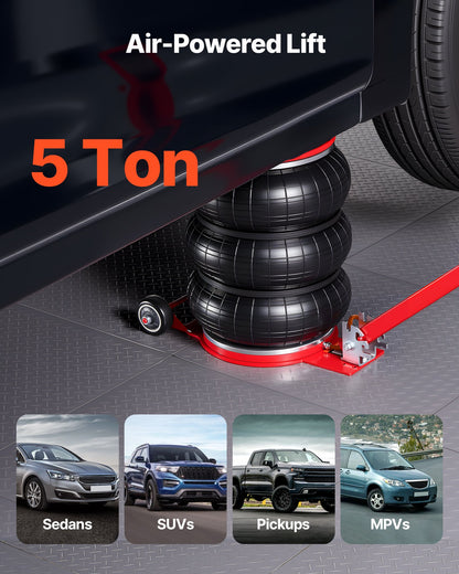 Air Jack, 5 Ton/11023 lbs Triple Bag Air Jack, Airbag with Six Steel Pipes, Lift Up to 18.3 inch/464 mm, 4-10 s Fast Lifting Pneumatic with Adjustable Long Handle for Cars, SUVs, Pickup Trucks