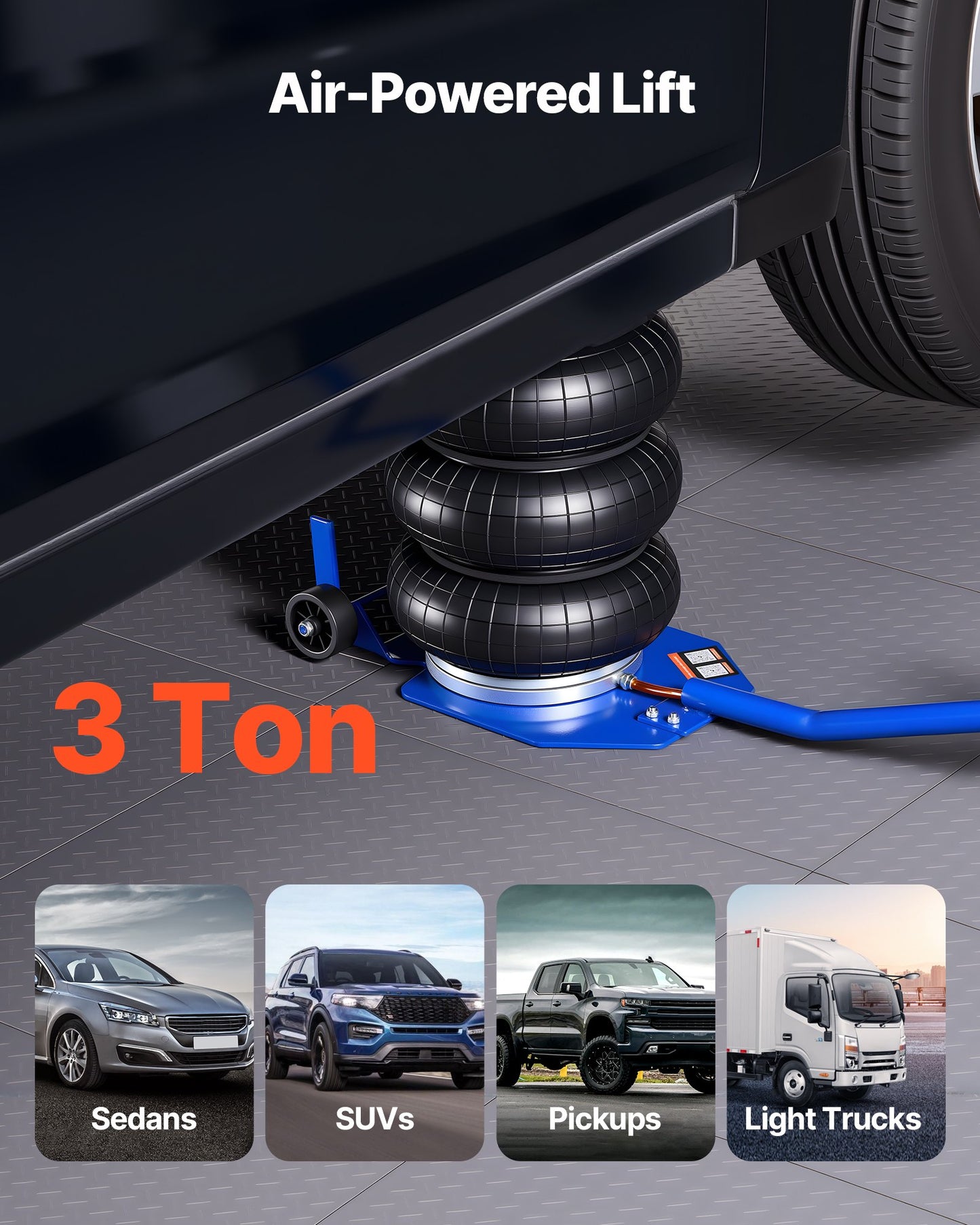 Air Jack, 3 Ton/6613 lbs Triple Bag Air Jack, Airbag with Six Steel Pipes, Lift Up to 17.7 inch/450 mm, 1-6 s Fast Lifting Pneumatic with Long Handle & Rubber Pad for Cars, SUVs, Pickup Trucks