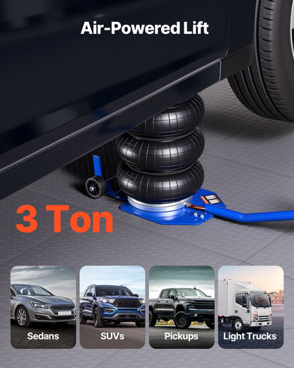 Air Jack, 3 Ton/6613 lbs Triple Bag Air Jack, Airbag with Six Steel Pipes, Lift Up to 17.7 inch/450 mm, 1-6 s Fast Lifting Pneumatic with Long Handle & Rubber Pad for Cars, SUVs, Pickup Trucks