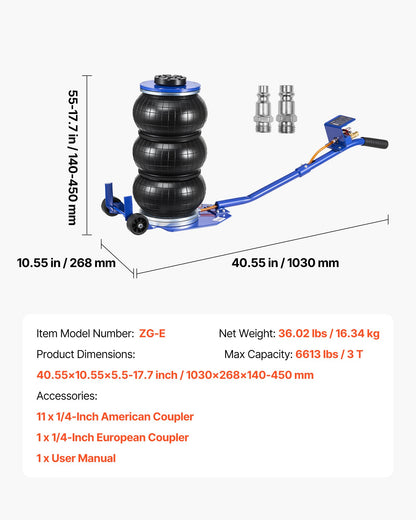 Air Jack, 3 Ton/6613 lbs Triple Bag Air Jack, Airbag with Six Steel Pipes, Lift Up to 17.7 inch/450 mm, 1-6 s Fast Lifting Pneumatic with Long Handle & Rubber Pad for Cars, SUVs, Pickup Trucks