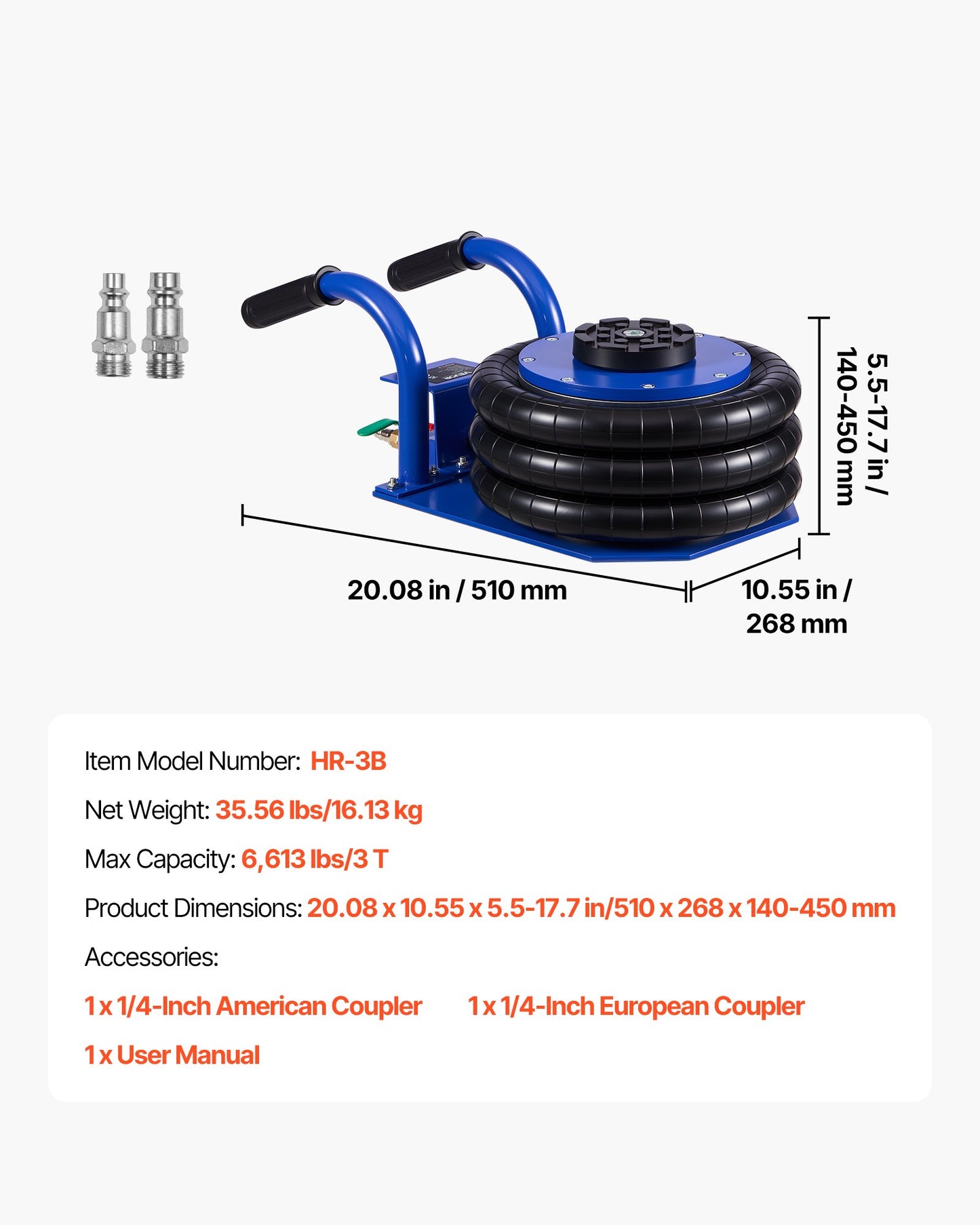 Air Jack, 3 Ton/6613 lbs Triple Bag Air Jack, Airbag with Six Steel Pipes, Lift Up to 17.7 inch/450 mm, 1-6 s Fast Lifting Pneumatic with Short Handles for Car, SUV, Pickup Truck Repair, Garage