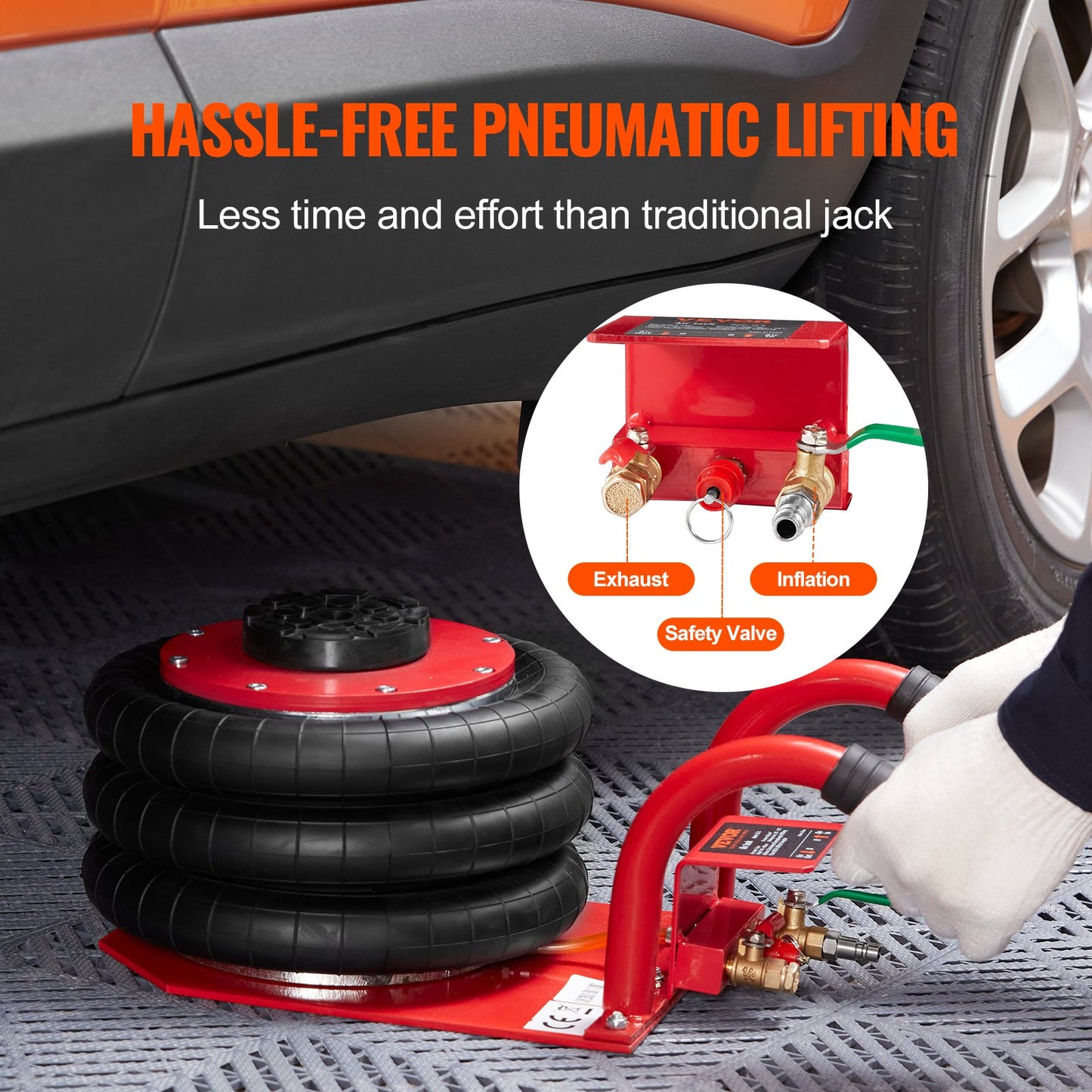 Air Jack, 3 Ton/6600 lbs Triple Bag Air Jack, Airbag Jack with Six Steel Pipes, Lift up to 17.7 inch/450 mm, 3-5 s Fast Lifting Pneumatic Jack, with Side Handles for Car, Garage, Repair (Red)
