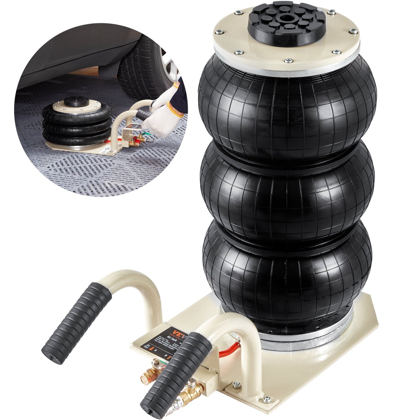 Air Jack, 3 Ton/6600 lbs Triple Bag Air Jack, Airbag Jack med sex stålrör, lyft upp till 17,7 tum/450 mm, 3-5 s snabblyftande pneumatisk domkraft, med sidohandtag för bil, garage, reparation (vit )