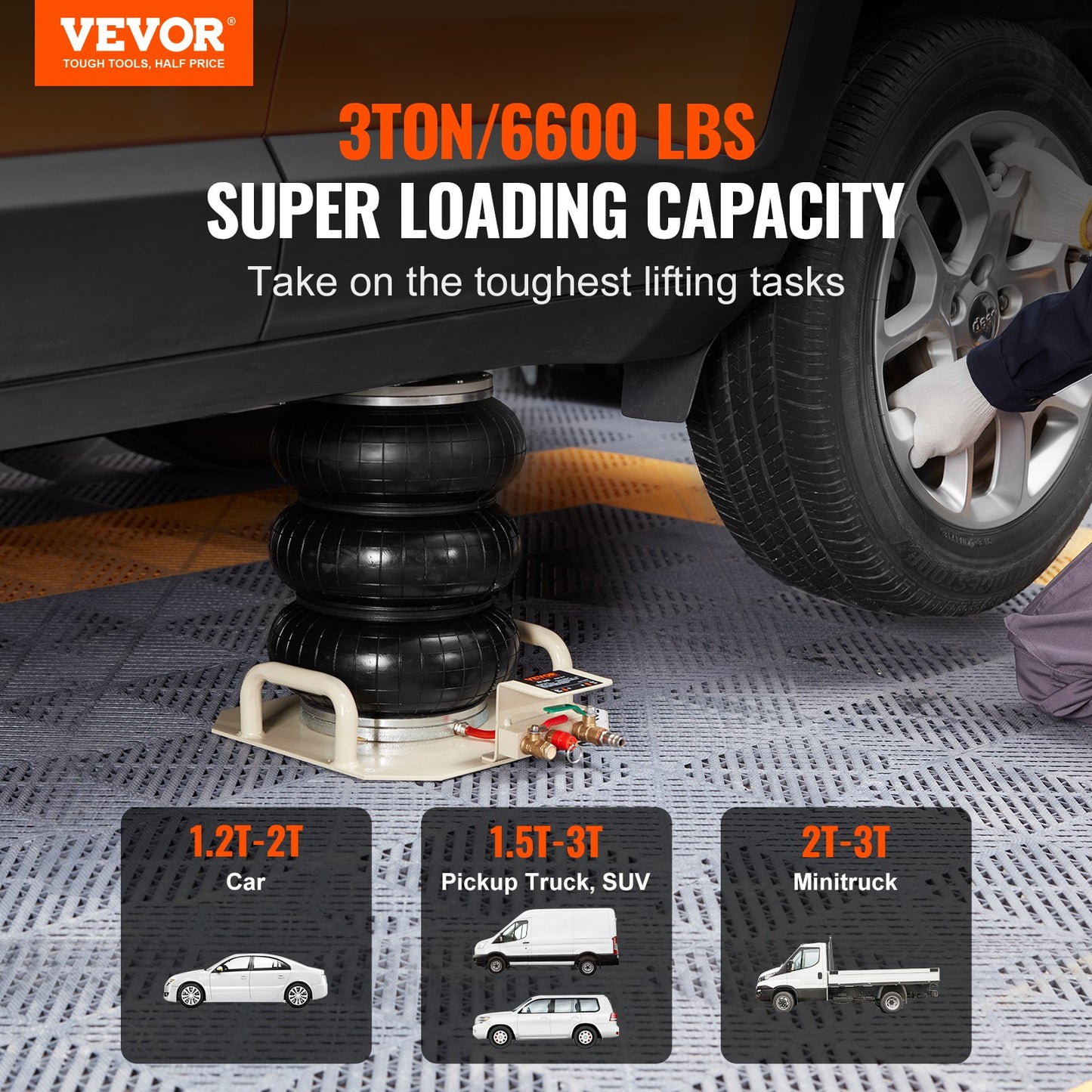 Luftwagenheber, 3 Tonnen/6600 lbs, Dreifach-Luftwagenheber, Luftwagenheber mit Luftsack, Hubhöhe bis zu 450 mm, 3-5 Sekunden Schnellhub-Luftwagenheber, mit seitlichem Griff für Autos, Garage, Reparatur (Beige)